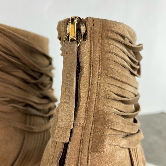 Gucci Tan Suede Fringe Open Toe Heeled Booties - Picture 6 of 12